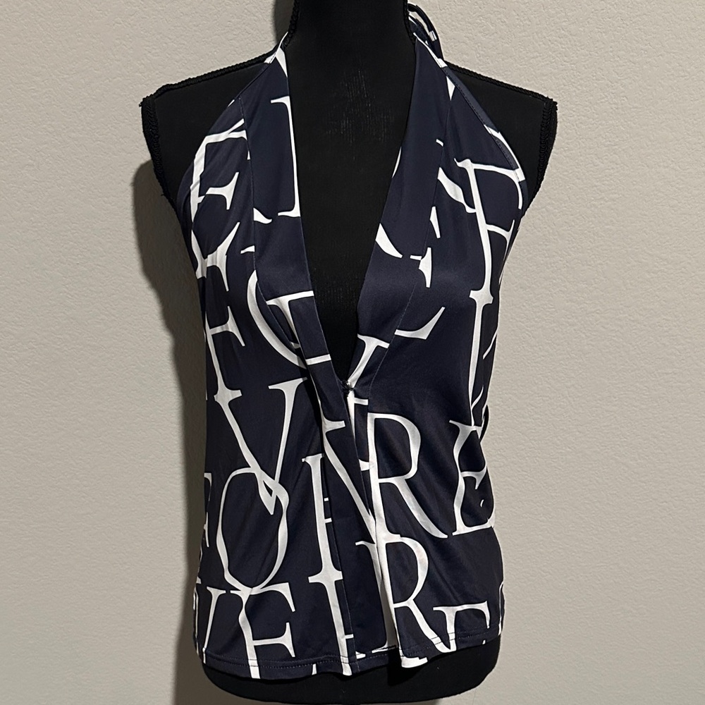 SHEIN Navy and White Letter Print Halter Top